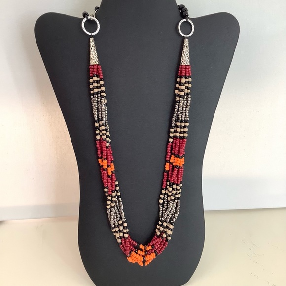 Handmade boho tribal festival necklace red and silver 28” long - Picture 1 of 4